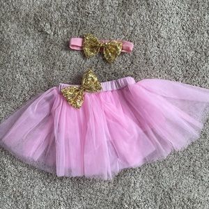 Baby girl pink and gold sequin bow headband and tulle tutu skirt